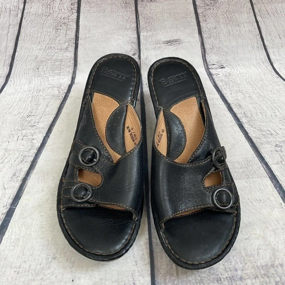 Born Sandals‎ Womens Size 9 Leather Black Side Buckle Strap Mule